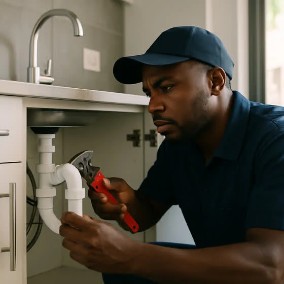 A pro working under a kitchen sink, absorbed in the job